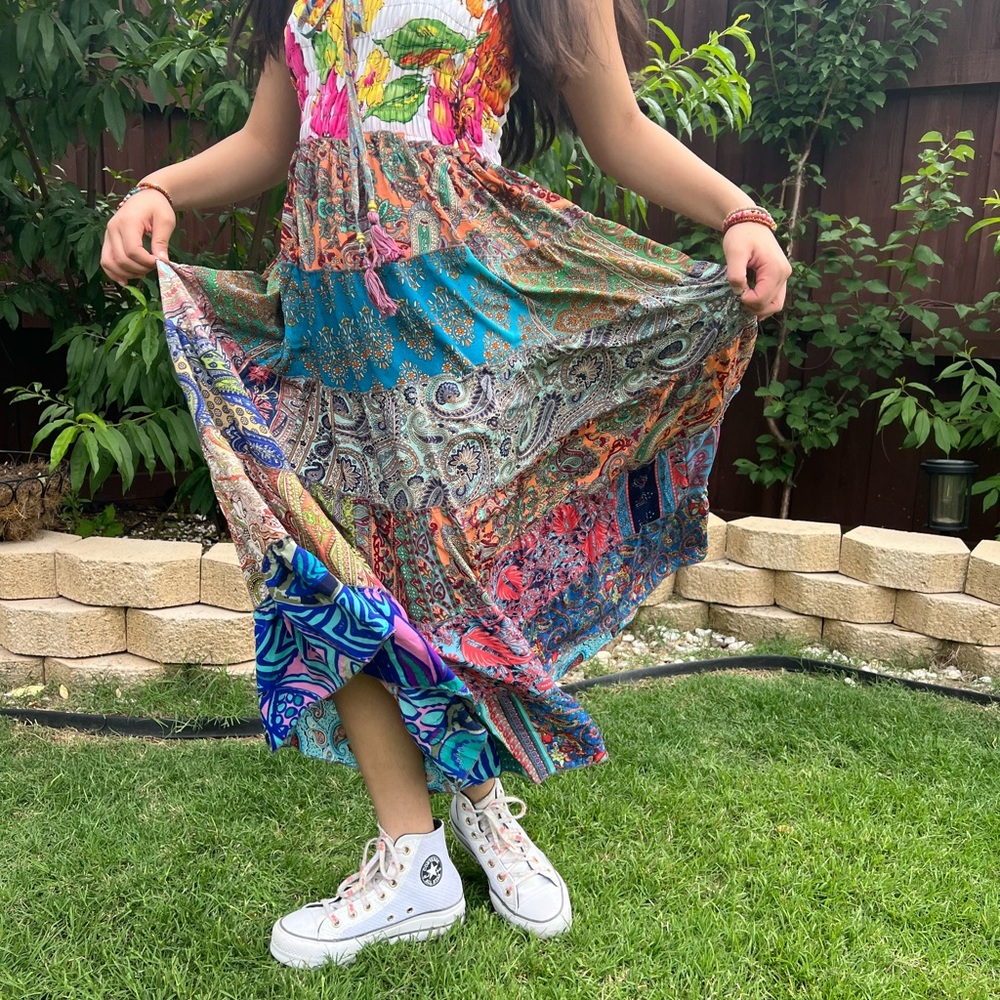 Smocked Ruched Patchwork Boho Dress Skirt - Picture 12 of 17